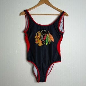 NWT NHL Chicago Blackhawks One Piece Swimsuit Black Red Scoop Neck Size M